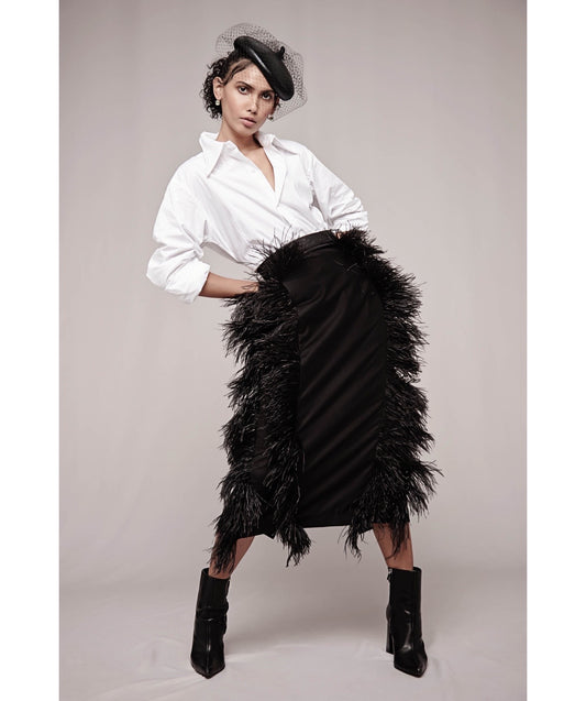 Pencil Skirt with Genuine Plumes