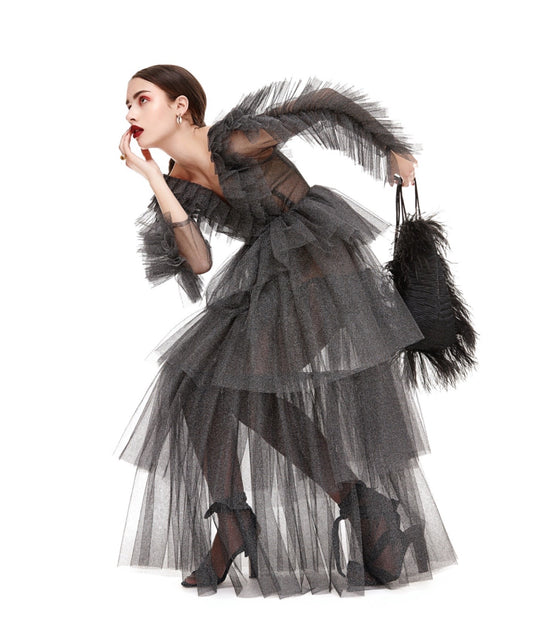 Layered Tulle Occasional Gown | Charcoal